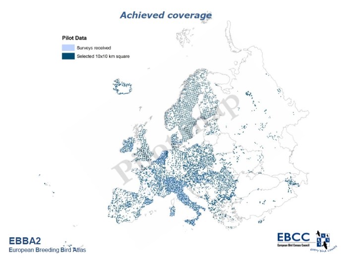 Mappa dei quadrati 10x10 km per cui sono stati ricevuti dati per il progetto EBBA2